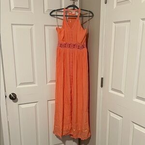 Elegant Orange Maxi Dress with Lace Accents